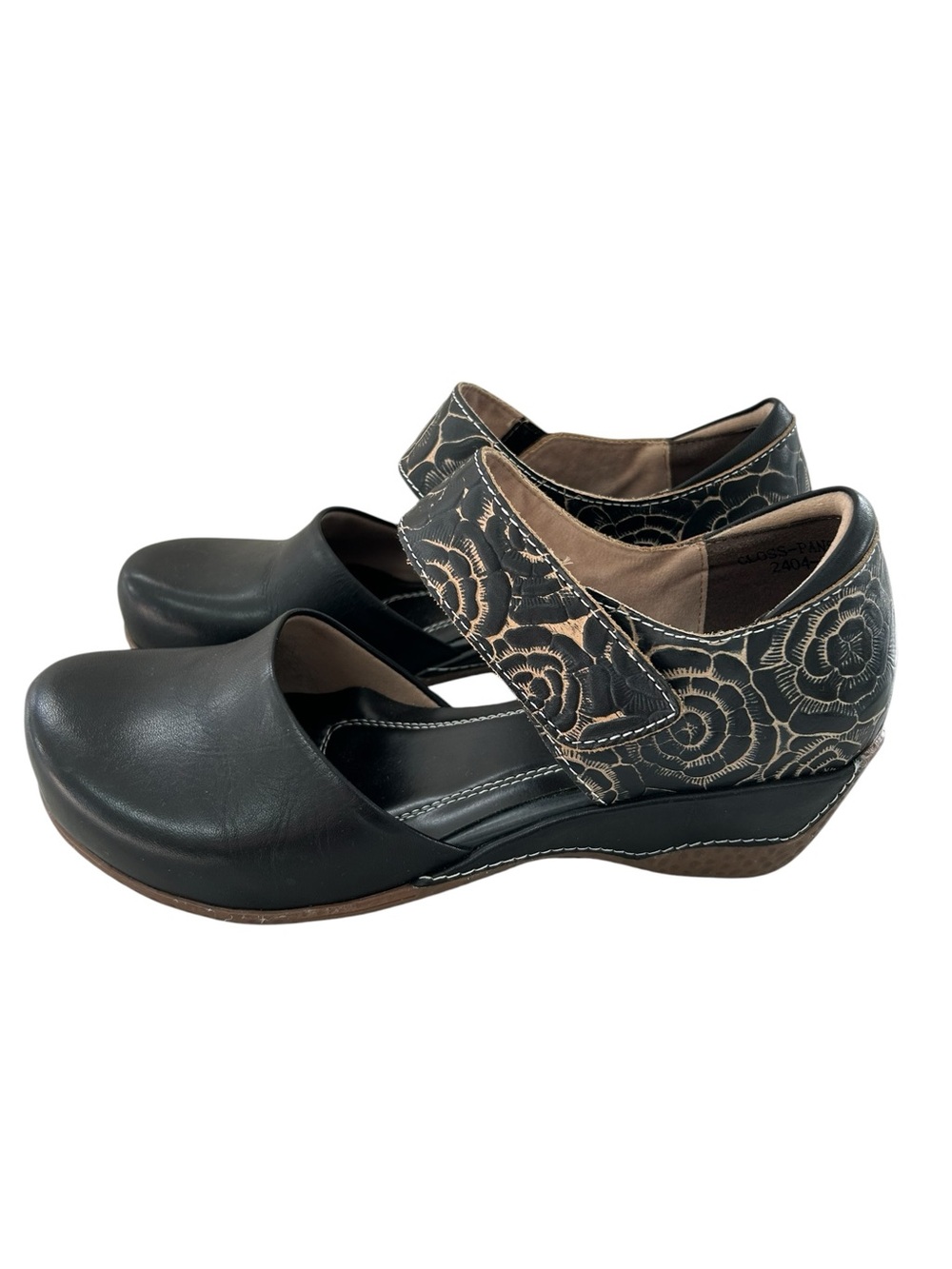 L’ARTISTE by SPRING STEP Gloss Pansy Black Tan Floral Leather Mary Jane Clogs 39